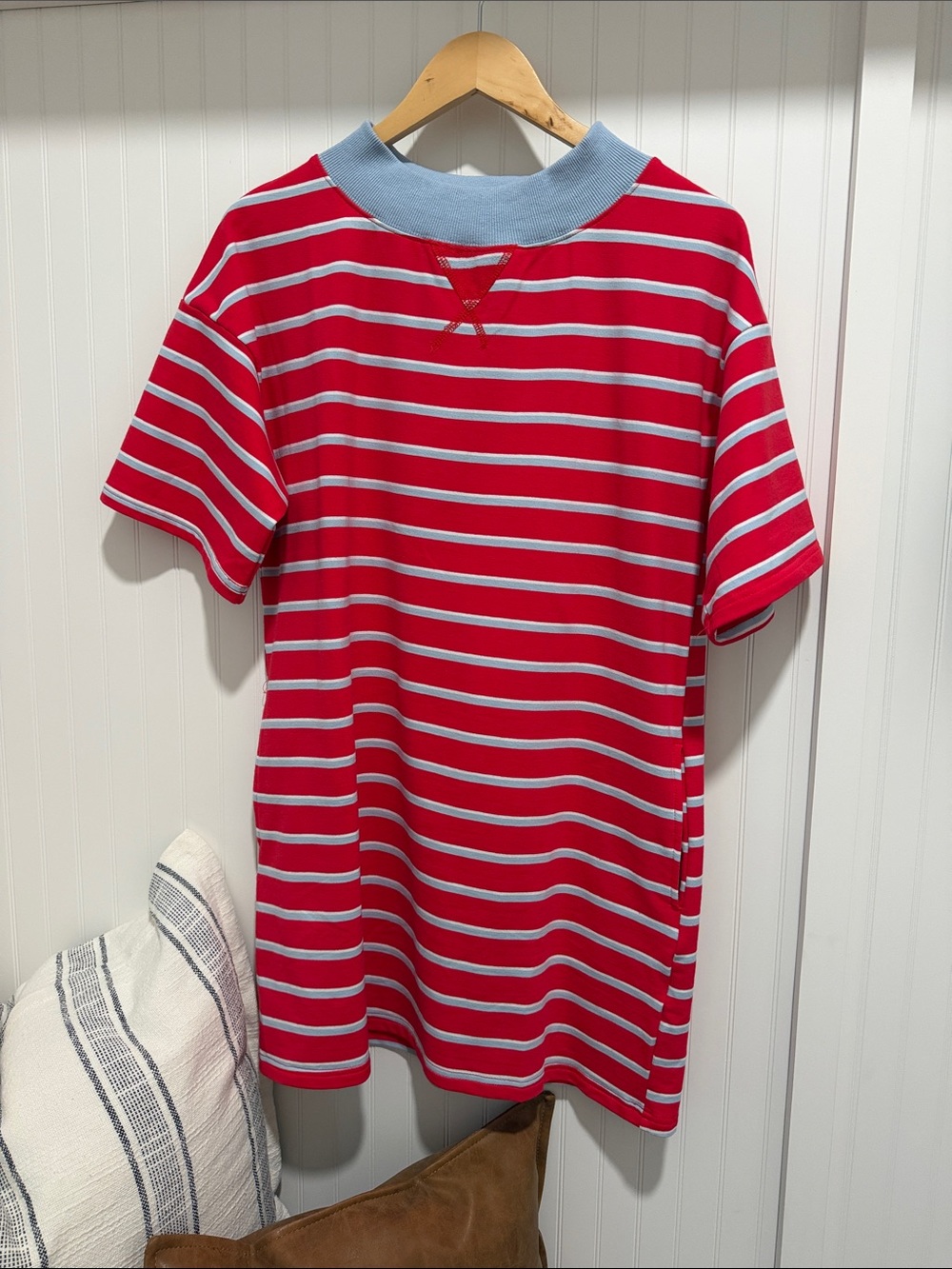 Red & White Striped Mini Dress with Light Blue Collar